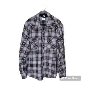 Wrangler Wrancher Red Black Grey and White Plaid Flannel‎ with Pearl Snaps Large